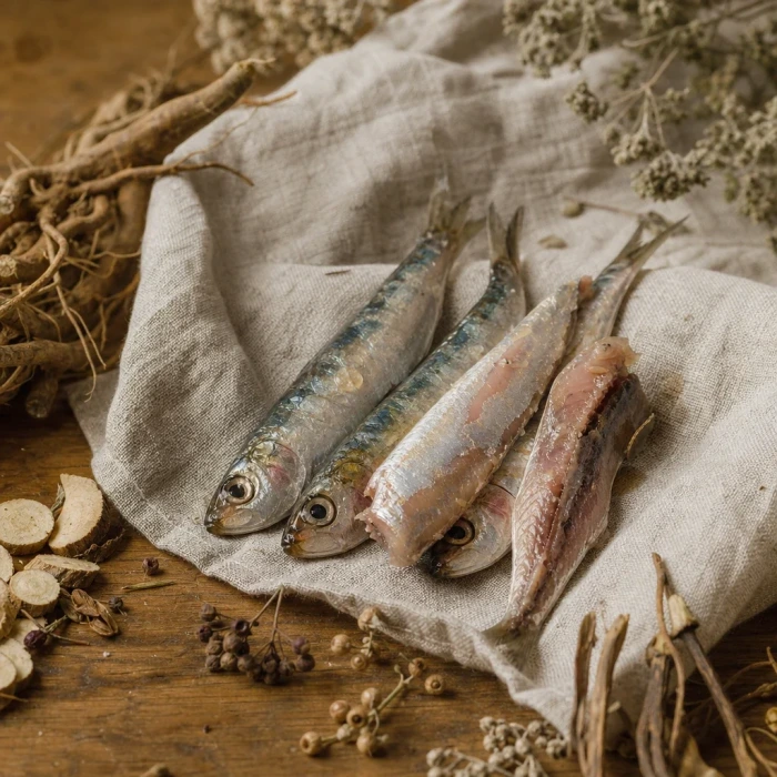 Sardines on linen apothecary table macro