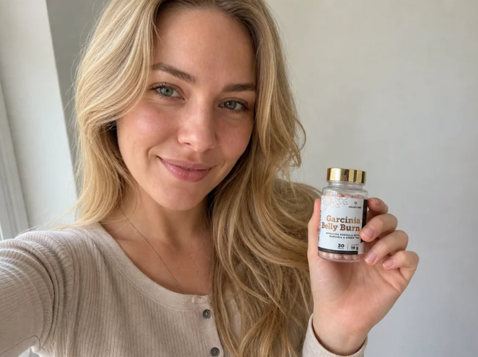 Blonde woman selfie holding supplement product