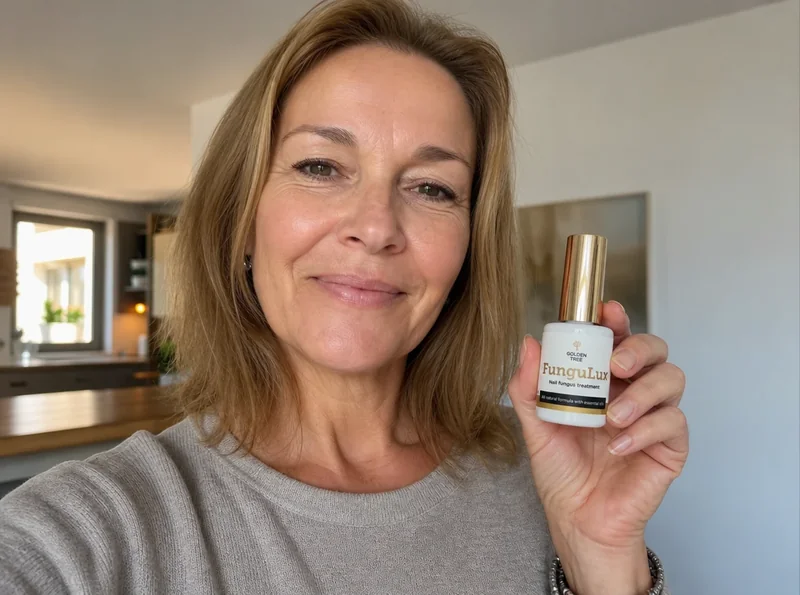 Woman 52 holding FunguLux bottle at home