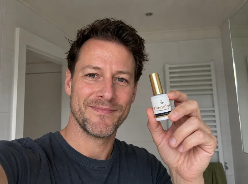 Man 38 holding FunguLux bottle at home