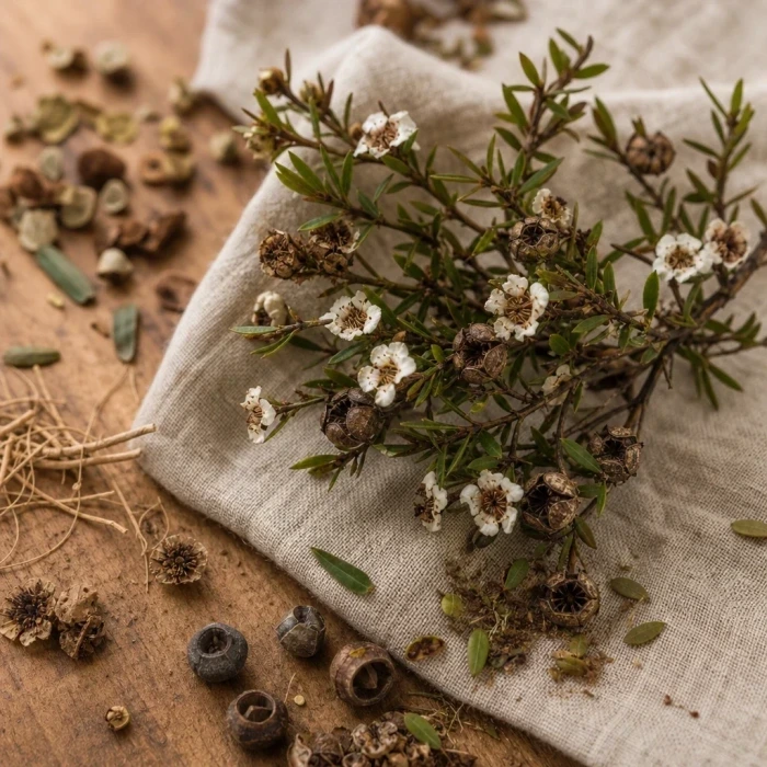 Manuka branch with seed pods on linen