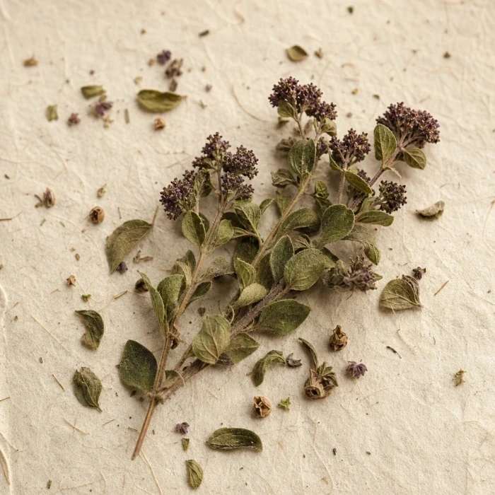 Oregano sprigs and seeds on handmade paper