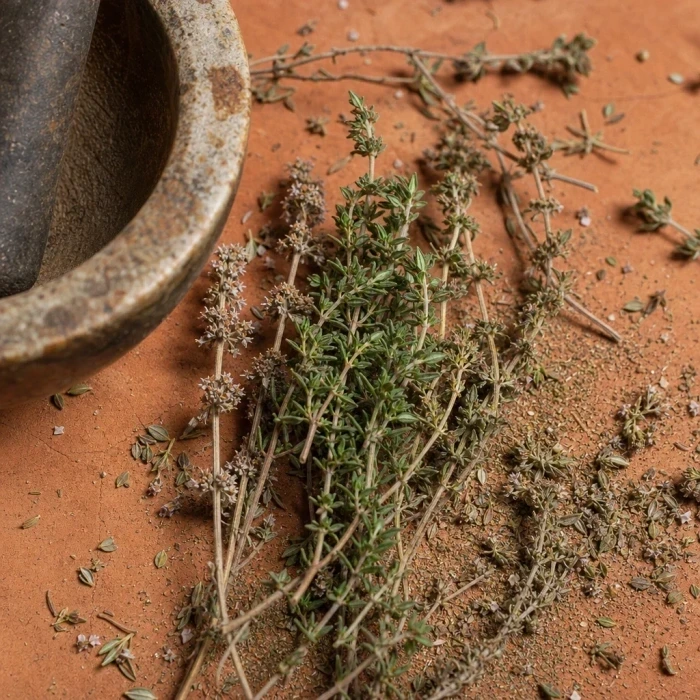 Thyme sprigs on terracotta clay surface