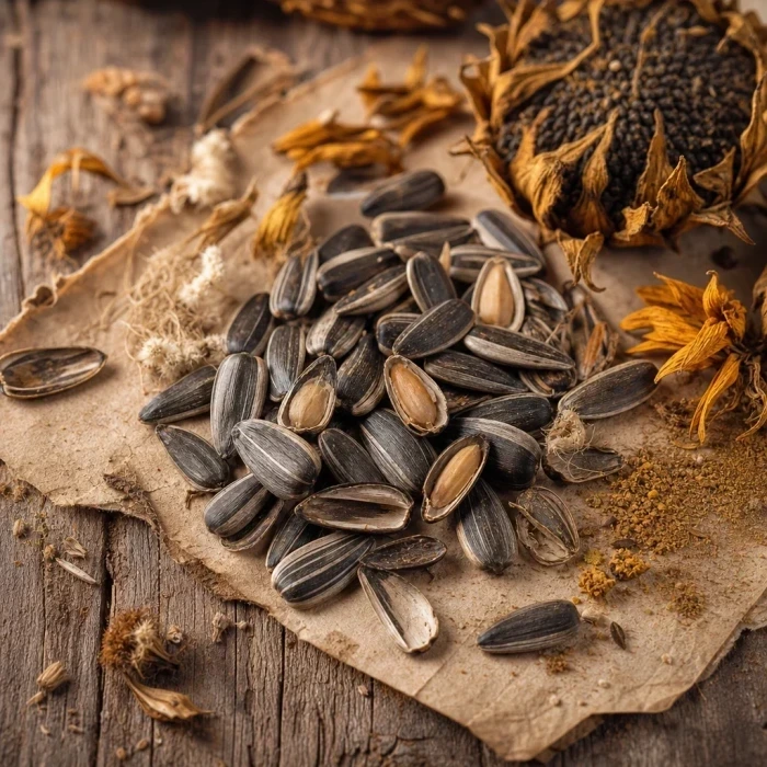 Sunflower seeds on weathered wood parchment