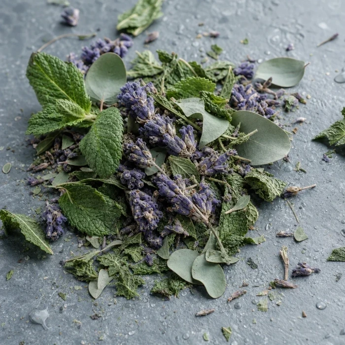 Peppermint lavender eucalyptus on cool stone