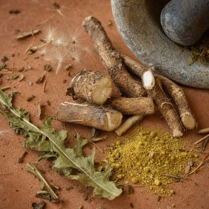 Dandelion root extract on terracotta surface