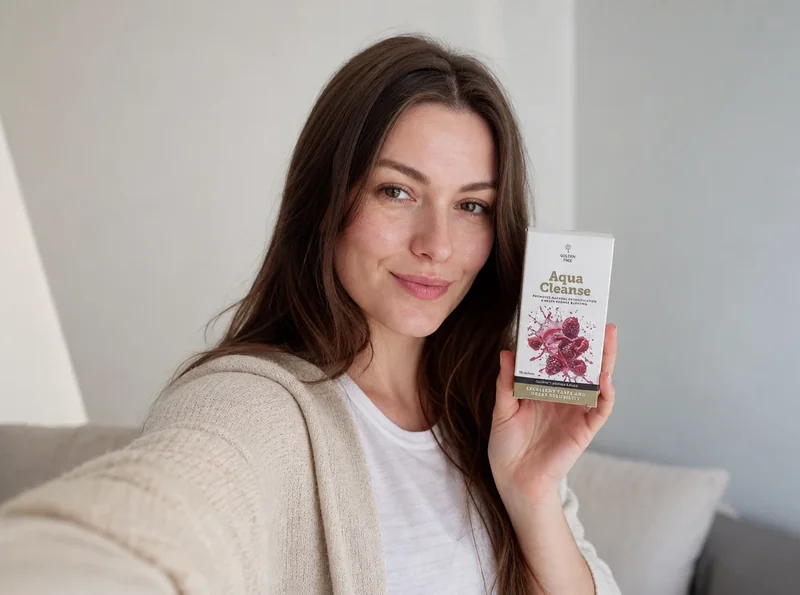 Woman holding Golden Tree Aqua Cleanse product