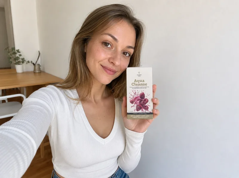 Woman selfie holding Golden Tree Aqua Cleanse