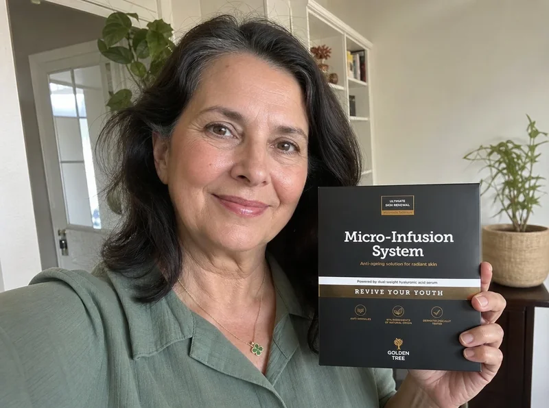 Woman 63 holding skincare product indoors