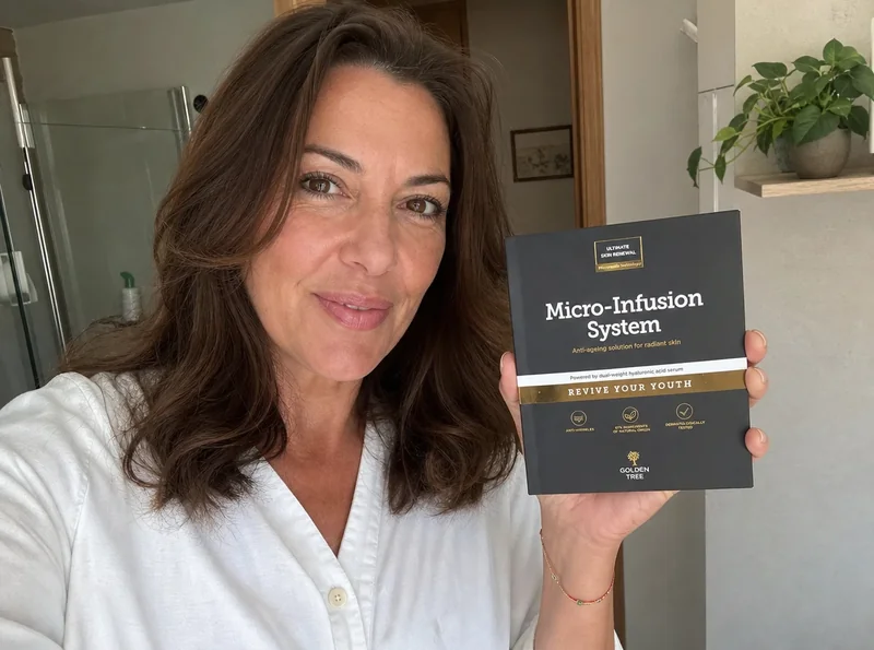 Woman 51 holding skincare product at home