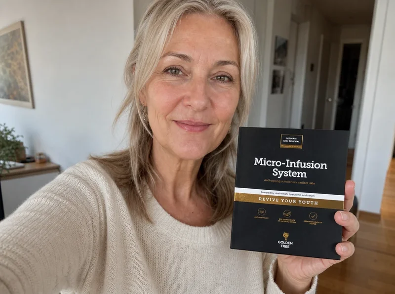 Woman 58 holding skincare product at home