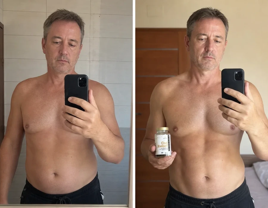 Tom before and after Gut Relief outdoors