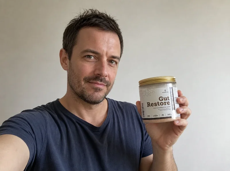 Man holding gut supplement product selfie