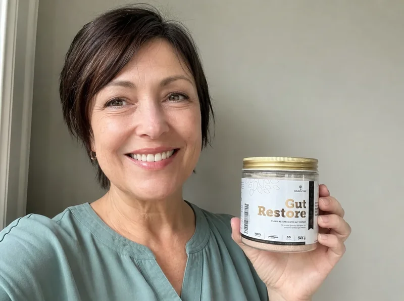 Older woman holding gut supplement selfie