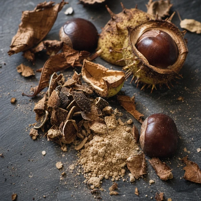 Horse chestnut burrs on dark slate