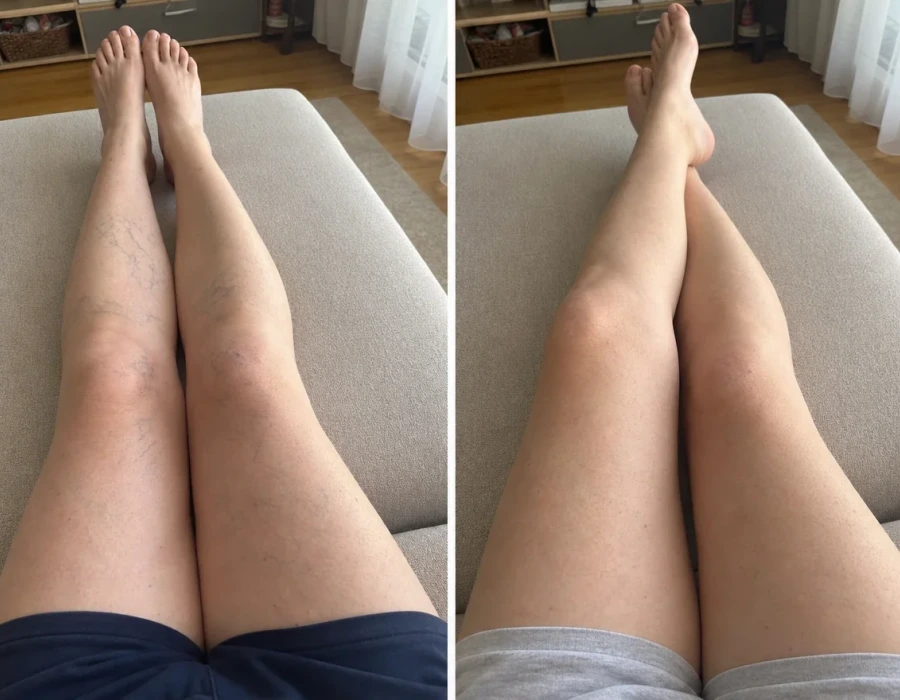 Before-after legs varicose veins home sofa