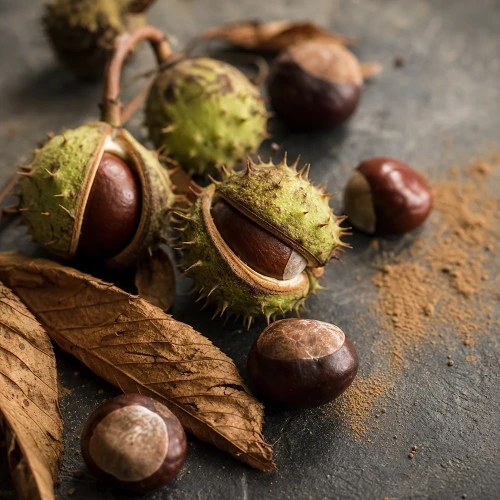 Raw horse chestnuts on matte slate surface
