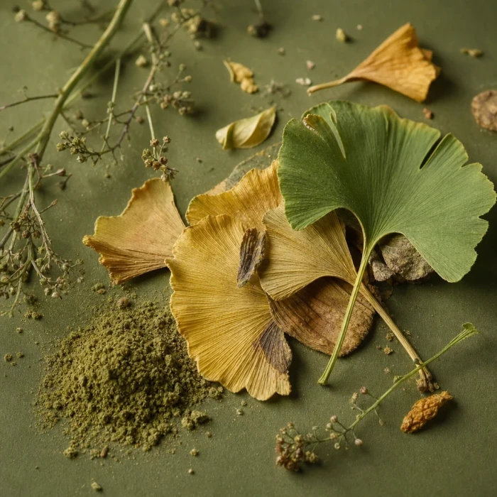 Ginkgo biloba fan leaves on olive board