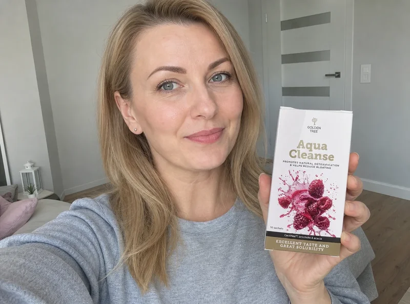 Woman holding Aqua Cleanse product at home