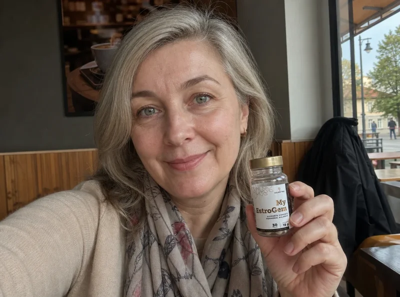 Woman selfie holding small supplement bottle