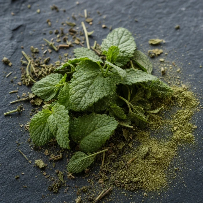 Lemon balm leaves on dark slate