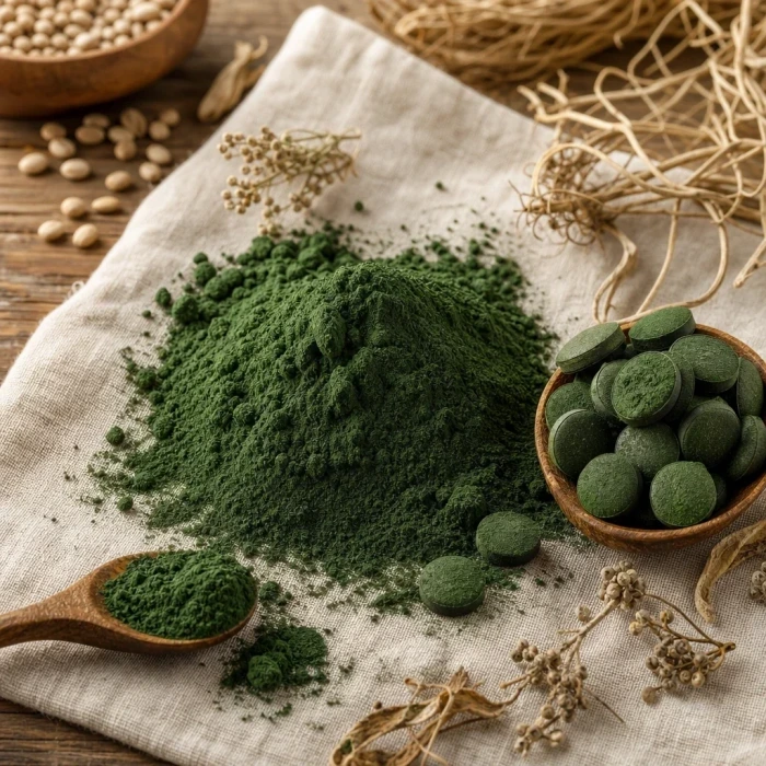Green chlorella powder on linen wood