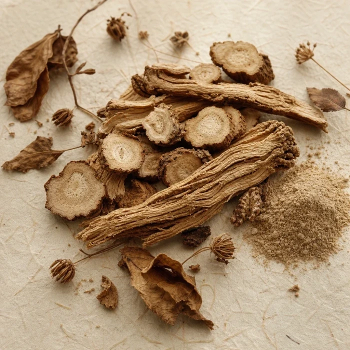 Dried angelica root on handmade paper