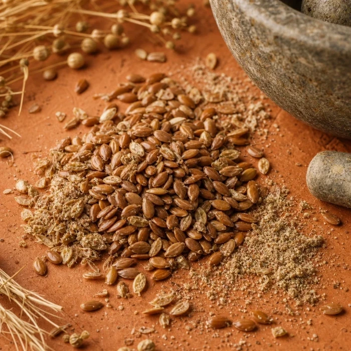 Flax seeds on terracotta with mortar
