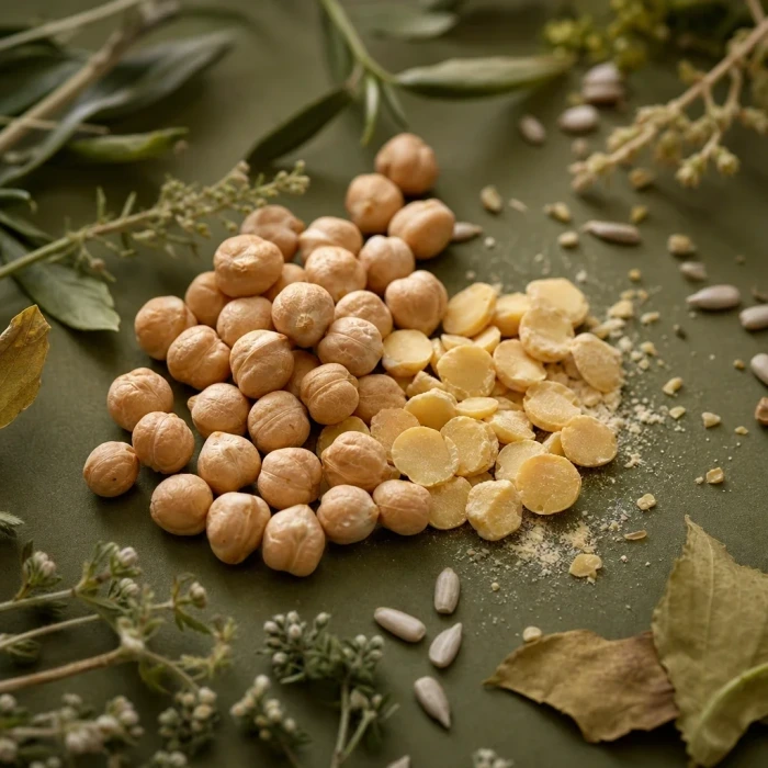 Seeds and botanicals on olive board