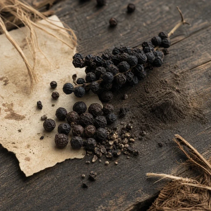Black peppercorns on weathered wood parchment