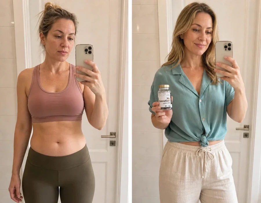 Woman s mirror selfie before and after
