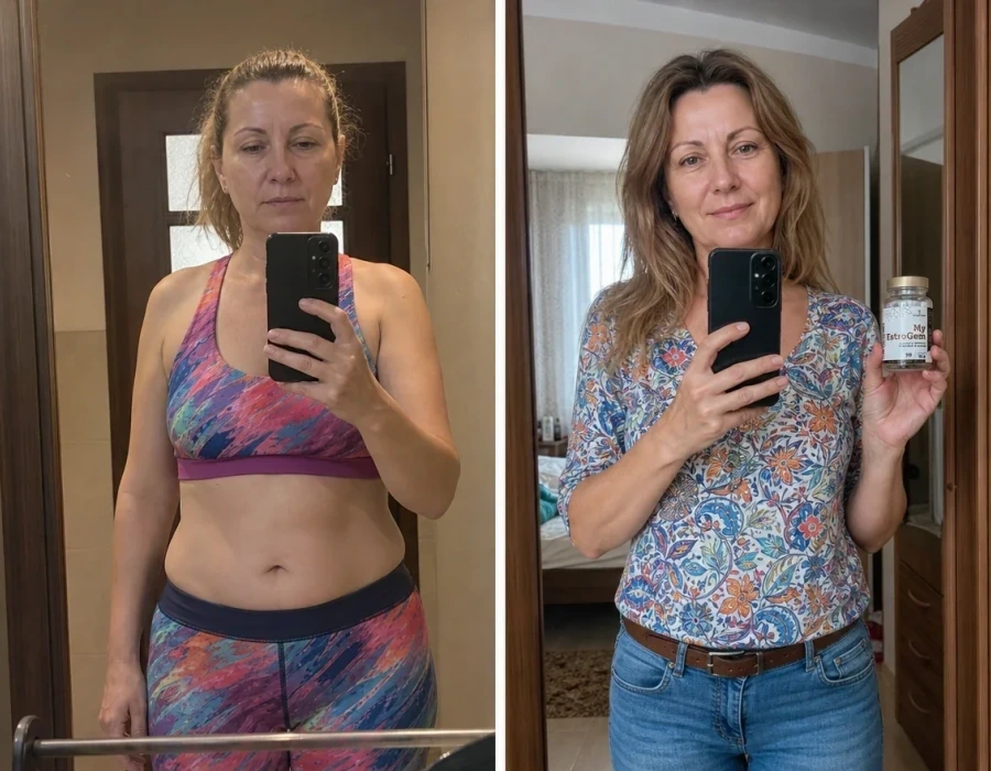 Woman mirror selfie before and after less