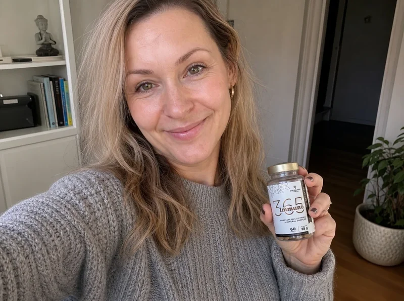 Woman with supplement bottle in home office