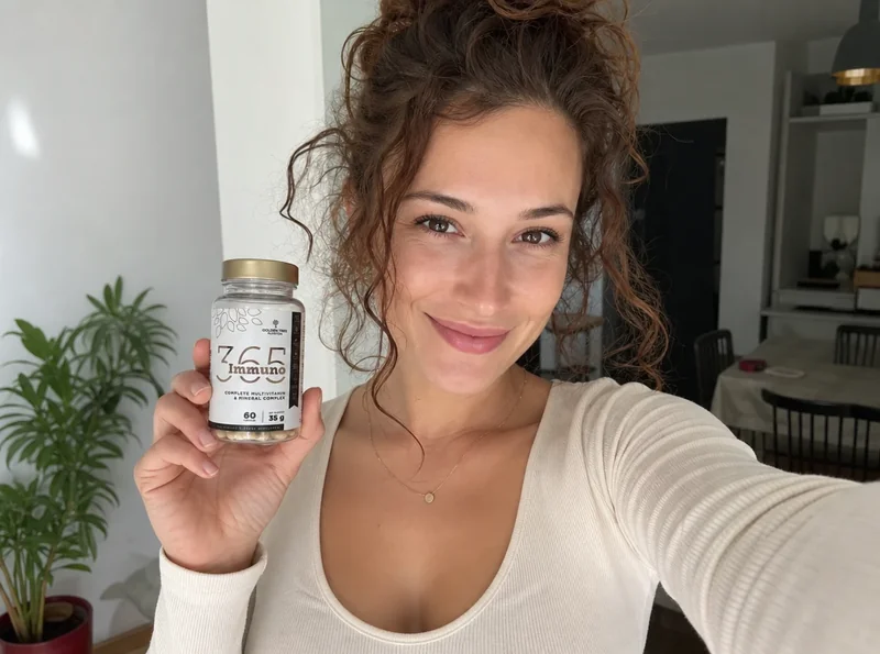 Young woman holding supplement bottle at home