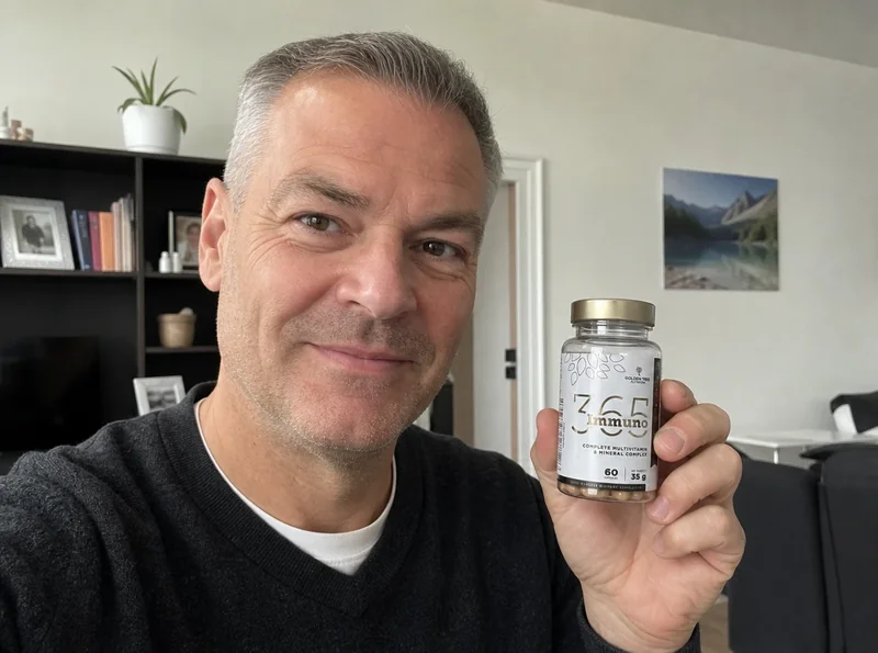 Middle-aged man holding supplement bottle indoors