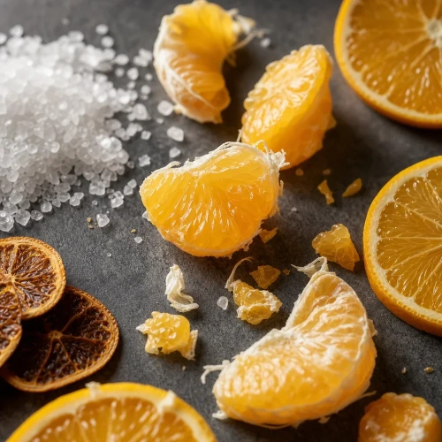 Macro citrus slices and Vitamin C crystals