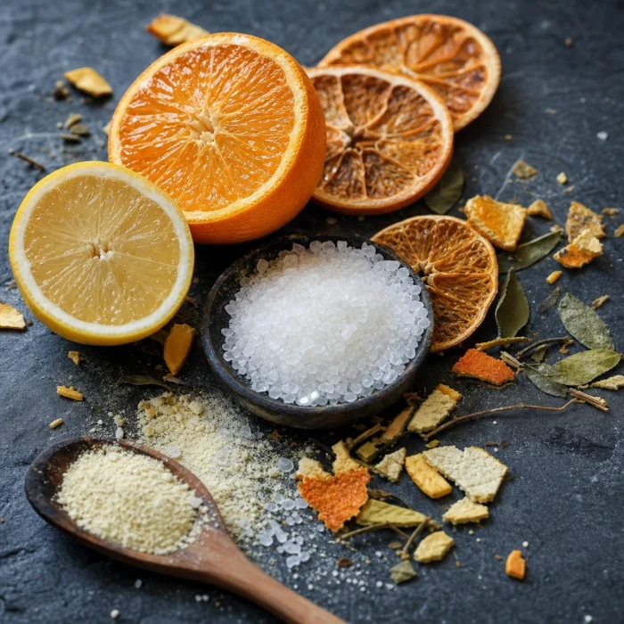 Citrus slices and crystals on dark slate