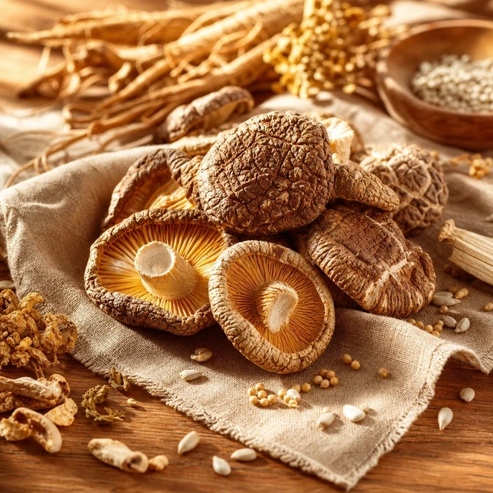Dried mushrooms and seeds on warm linen