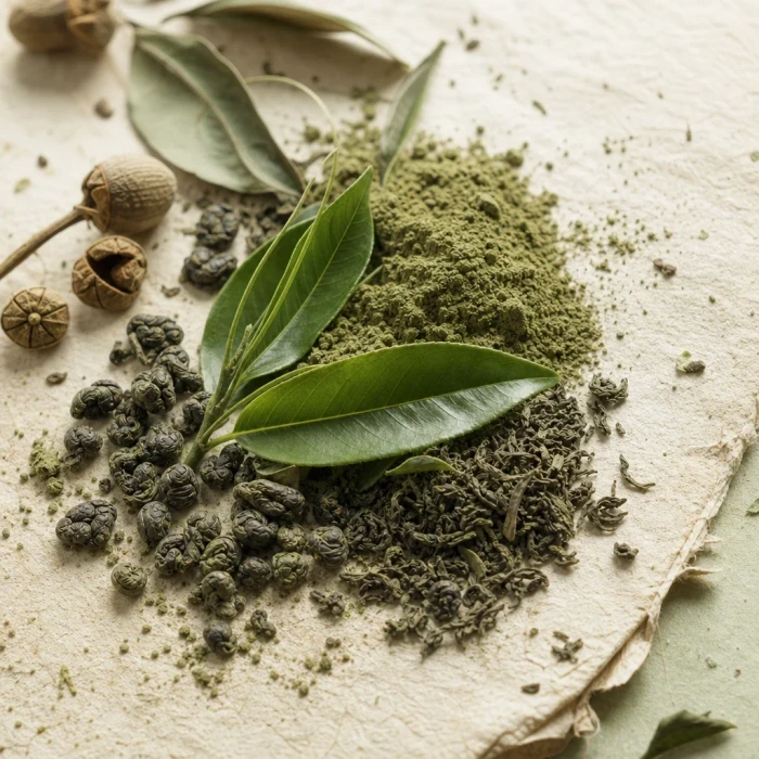 Green tea leaves and powder on handmade