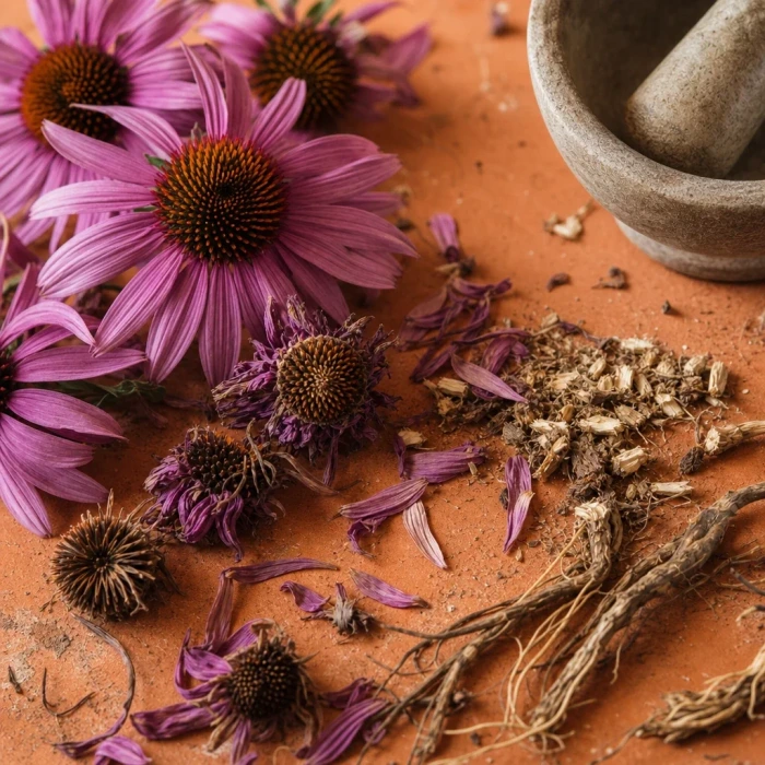 Purple Echinacea flowers on terracotta surface
