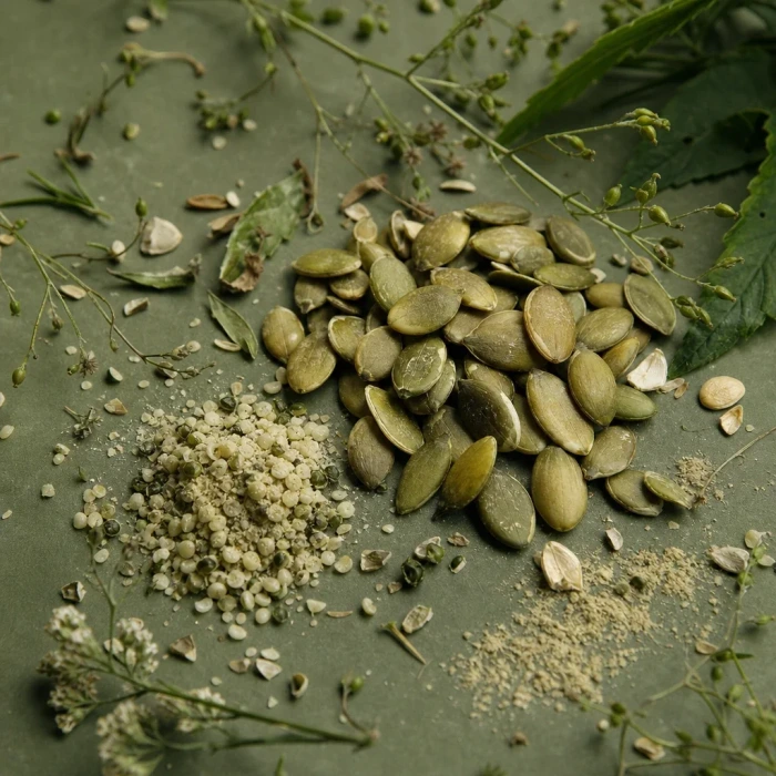 Pumpkin seeds and botanicals on olive board