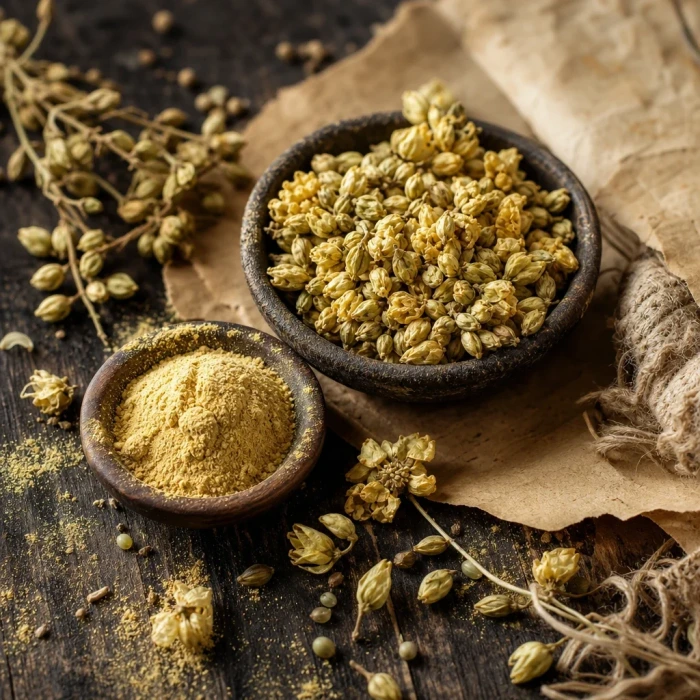 Sophora flowers and quercetin powder on wood