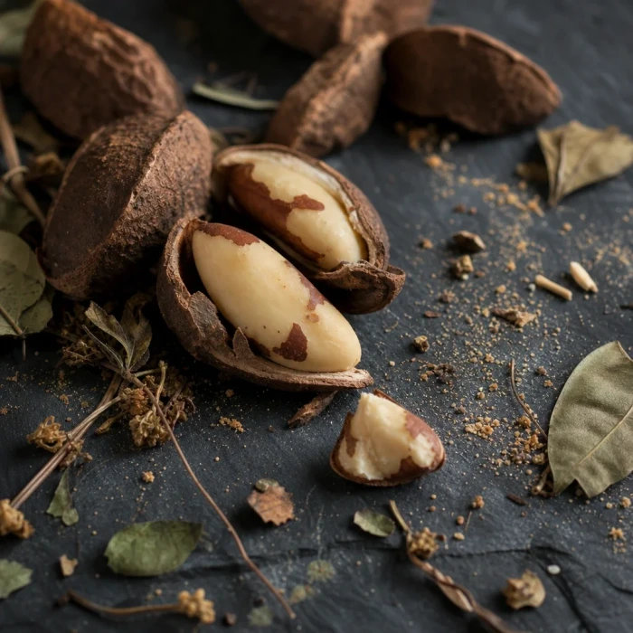 Brazil nuts on dark slate with leaf