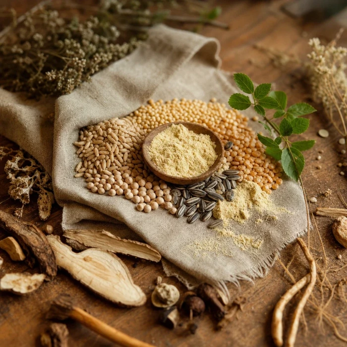 Grains and seeds on linen apothecary surface