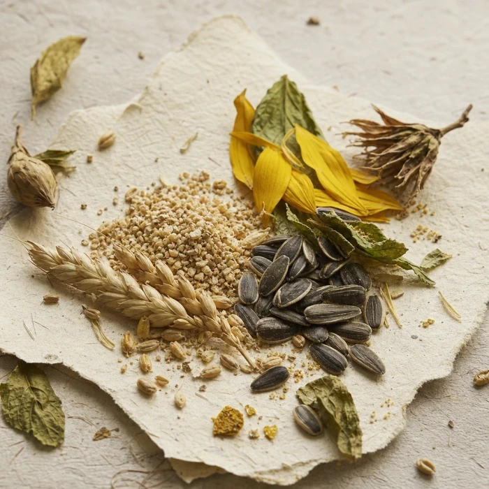 Wheat germ and sunflower seeds on handmade