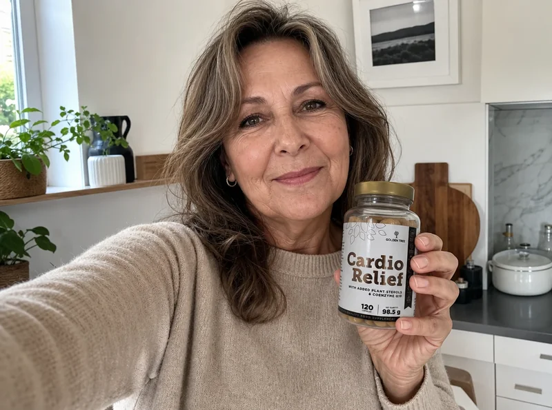 Woman holding supplement bottle at home