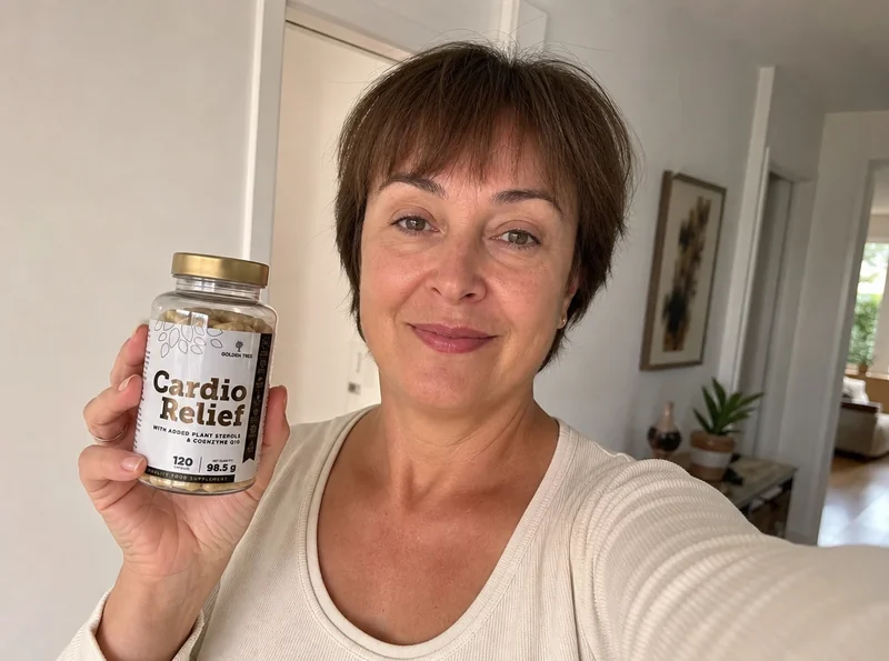 Woman holding supplement bottle indoors