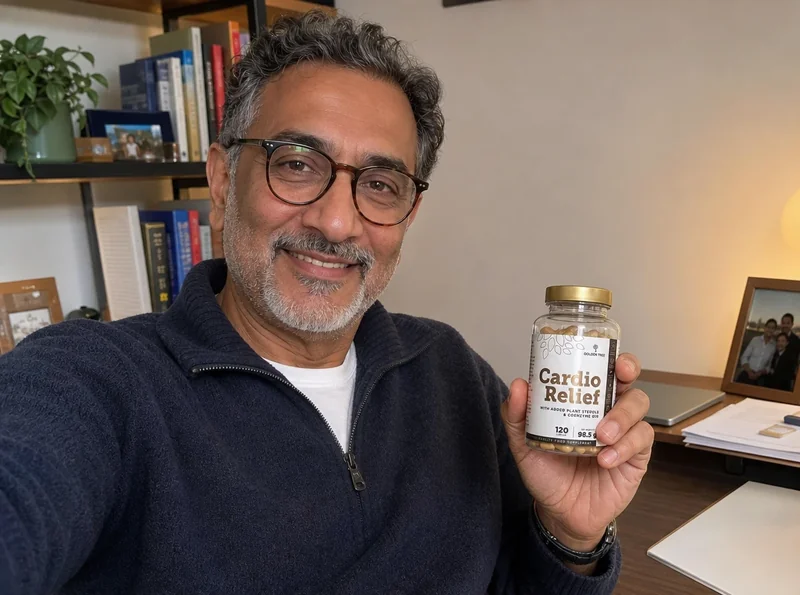 Man holding supplement bottle in home office