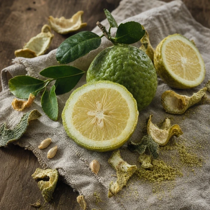 Bergamot citrus fruit on linen wood surface