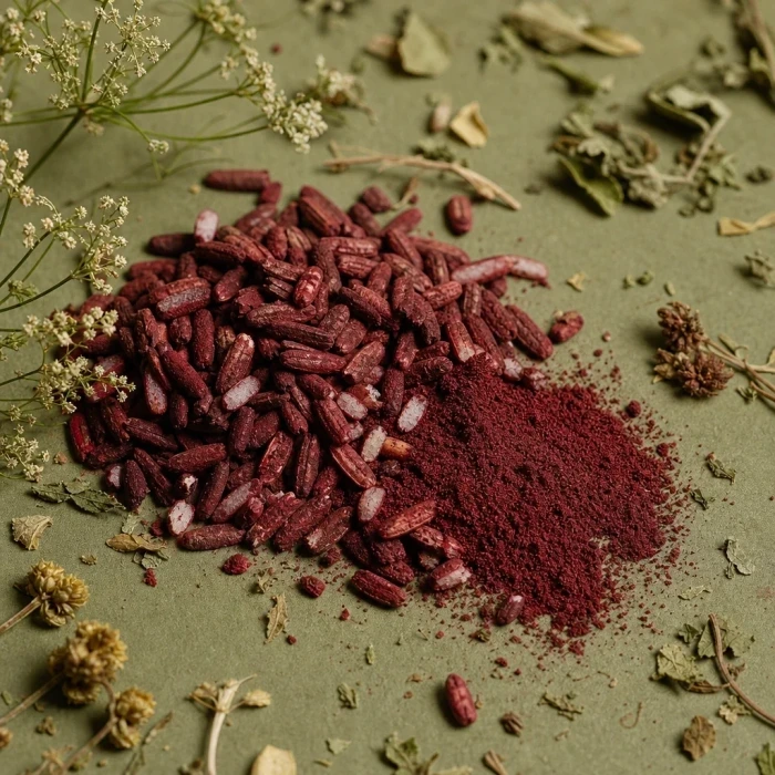 Red yeast rice grains on olive green